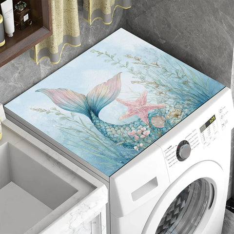 Starfish Coral Mermaid Theme Washing Machine Top Cover And Dryer Pad, Anti Slip Absorbent Protector Mat on a washer