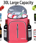 Soft Cooler Backpack Insulated Leak Proof Cooler Bag Keeps Drinks Cold For Hours, Waterproof Portable Lunch Backpack in red filled with beverages