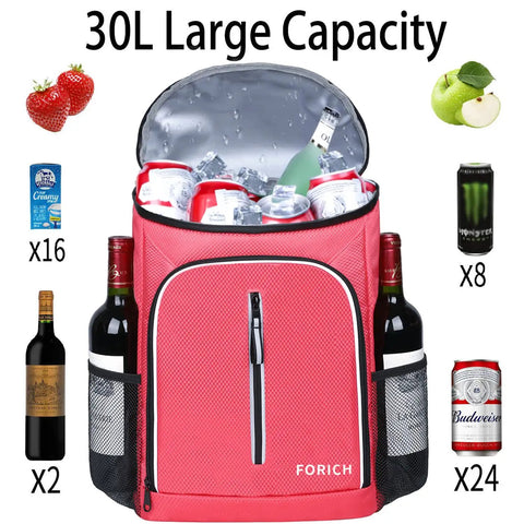 Soft Cooler Backpack Insulated Leak Proof Cooler Bag Keeps Drinks Cold For Hours, Waterproof Portable Lunch Backpack in red filled with beverages