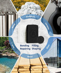 Black Epoxy Putty Stick 10.5oz 300g Two Part Repair Kit for metals, ceramics, plastic, and more, shown with usage examples.