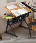 Height Adjustable Drafting Table With Tilted Tabletop And Built In Storage Drawers And Stool For Home Office And Art Studio