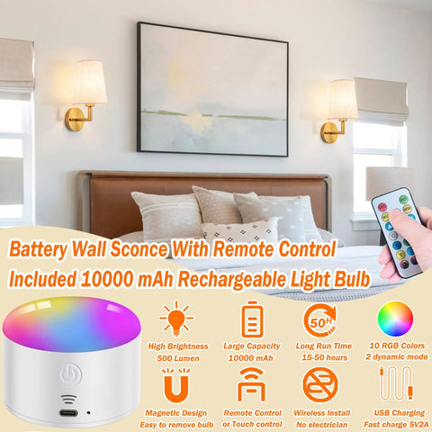 Wireless Battery Operated Wall Sconce Set Of Two With Remote Control Dimmable Indoor Wall Mounted Lamps in bedroom