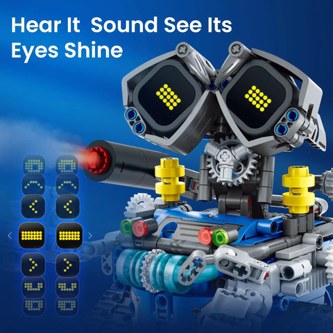 STEM 5 In 1 Robot Building Kit With Remote Control For Kids Ages 8 To 14 A Do It Yourself Programmable Engineering Toy That Totally Lets Boys And Girls Build Code And Conquer Hands On Learning And Fun. Robot with LED eyes and remote, shown in blue