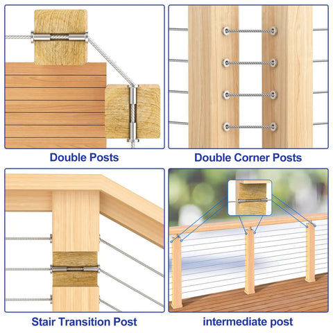 Stainless Steel Protector Sleeves For Deck Cable Railing Fits 1/8 Inch, 5/32 Inch Or 3/16 Inch Cable On Wood Or Composite Posts Marine Grade T316 Durable For Indoor And Outdoor Use Guards Posts And Cable Wear All Weather Ready, showing installation on various wood posts.