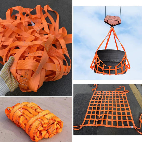 Heavy Duty Hoisting Net Built Tough For Seamless Cargo Hauling showing orange woven straps designed for lifting large items.