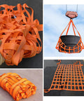 Heavy Duty Hoisting Lifting Net With Reinforced Canvas Weave And UV Resistant Coating For Cargo Hauling, displayed in orange straps.