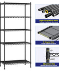 Five Tier Adjustable Narrow Storage Shelves For Kitchen, Heavy Duty Metal Rack With 1010 Lbs Load Capacity, Anti-Wobble Stability, Durable Pantry Organizer For Cabinets And Countertop Organization, Space Saver black metal rack with adjustable shelves and thick poles