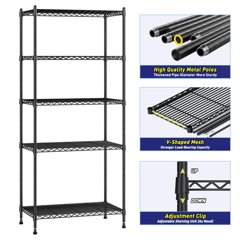 Five Tier Adjustable Narrow Storage Shelves For Kitchen, Heavy Duty Metal Rack With 1010 Lbs Load Capacity, Anti-Wobble Stability, Durable Pantry Organizer For Cabinets And Countertop Organization, Space Saver black metal rack with adjustable shelves and thick poles