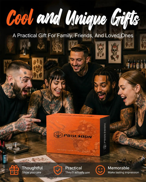 Diverse group of tattooed friends excitedly gather around a Poseidon gift box on a table with tattoo sketches and ink.