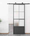 Glass Barn Door Panel 42 Inch By 96 Inch With Frosted Tempered Glass And Carbon Steel Pre Drilled Frame Sliding Door Kit With Seven Foot Hardware And Soft Close Mechanism No Fuss Install For Modern Home Interiors installed view