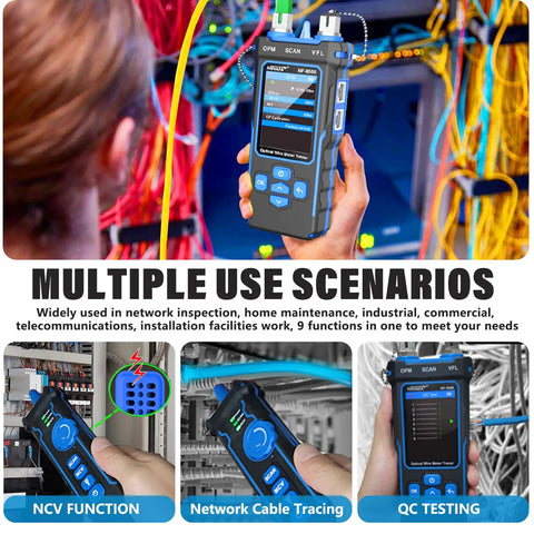Person using All In One Network Cable Tester With Optical Power Meter And VFL, PoE Test, Cable Length Measurement, RJ11 RJ45 Tester For CAT5 CAT6