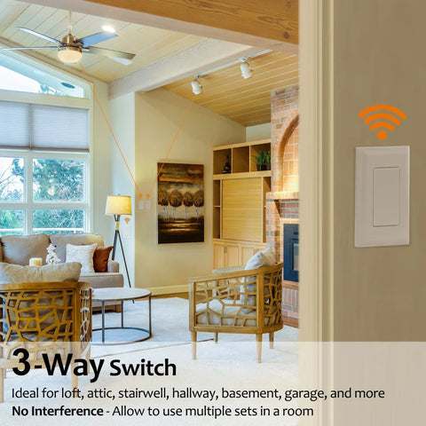 Wireless 3 Way Light Switch Kit No Wiring 15A High Power With Remote Receiver, 100ft RF Range, installed in living room
