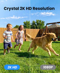 Comparison of 2K HD and 1080P resolution showing enhanced detail in kids playing and dog running on grassy lawn.