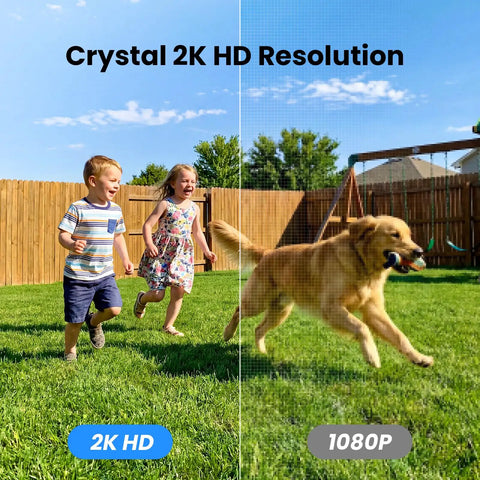 Comparison of 2K HD and 1080P resolution showing enhanced detail in kids playing and dog running on grassy lawn.