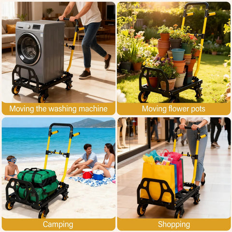 folding hand truck cart in various uses like moving washer and pots