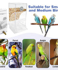 Top Shelf No Sweat Automatic Bird Feeder And Water Dispenser Set Slick Transparent Food Container For Parrots Cockatiels Lovebirds Budgies with bird images.