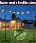 Heavy Duty Outdoor String Light Poles 9 Ft Two Pack For Backyard Patio Lights in rain, showing weatherproof and bend resistance.