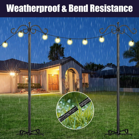 Heavy Duty Outdoor String Light Poles 9 Ft Two Pack For Backyard Patio Lights in rain, showing weatherproof and bend resistance.
