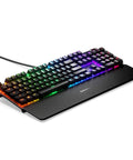 Top Tier Mechanical Gaming Keyboard Featuring Integrated OLED Display USB Passthrough Media Controls Heavy Duty Aluminum Housing Tactile Clicky Blue Switches Full Spectrum RGB Lighting For Gamers Ready To Level Up Their Daily Rig, angled view with colorful RGB backlighting.