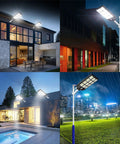 Four views of 1000W LED Solar Street Light Outdoor 80000LM IP66 Waterproof With Motion Sensor illuminating buildings and yard at night