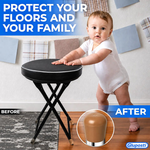 Top Shelf Folding Chair Leg Caps 7/8 Inch Beige Foot Guards 12 Pack, shown on a folding stool for floor protection.
