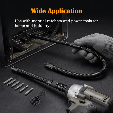 Built Like A Tank 1/2 Inch Drive Flexible Socket Extension Bar Set Featuring Dual Spring Steel Lengths in use with power tool.