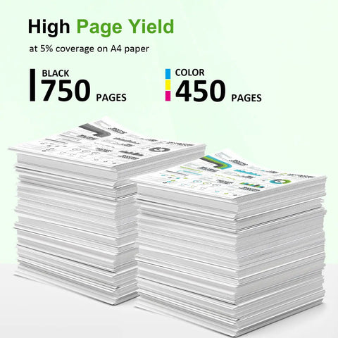 Image showing two stacks of printed pages, demonstrating output for 62XL Black and Tri-Color Ink Cartridge Combo Pack for Envy and OfficeJet Printers.