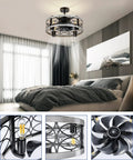 Rustic 17.5 Inch Ceiling Fan With Light Kit And Remote, Low Profile Semi Flush Cage Mount, bedroom setting, detail view