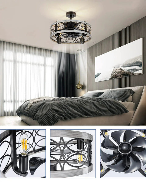 Rustic 17.5 Inch Ceiling Fan With Light Kit And Remote, Low Profile Semi Flush Cage Mount, bedroom setting, detail view