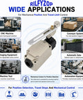 Heavy Lifter Adjustable Roller Lever Limit Switch For Factory Equipment 380V 10A with slotted metal arm, shown in industrial applications.