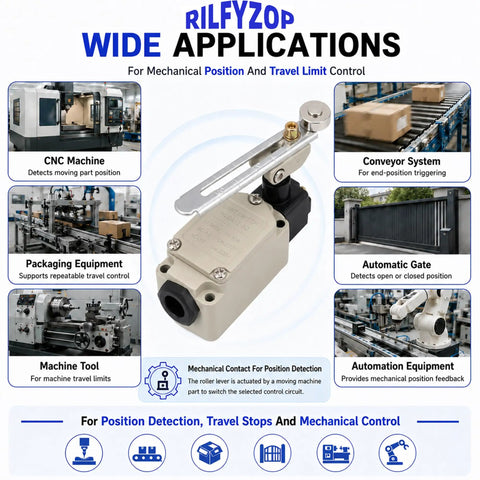 Heavy Lifter Adjustable Roller Lever Limit Switch For Factory Equipment 380V 10A with slotted metal arm, shown in industrial applications.