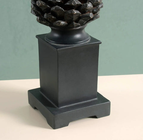 Base of Rustic Pinecone Accent Table Lamp in Aged Bronze Finish, highlighting pinecone detail, 29 inch tall with cozy warm glow