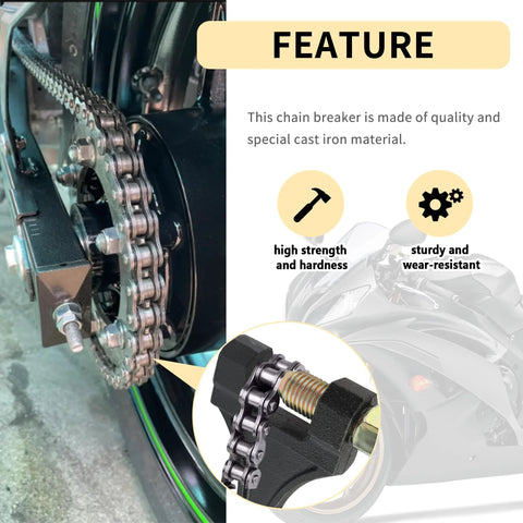 Motorcycle chain breaker tool installed on chain; black metal, threaded screw for removing links on 420–530 chains.