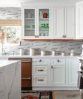 Kitchen with Peel and Stick Backsplash Tiles for Kitchen and RV, White Marble Look with Vintage Silver Embellished Stripes.