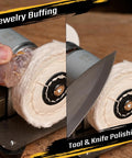 Close-up of Three-Wheel Mini Bench Grinder buffing jewelry and polishing a knife with cloth wheel.