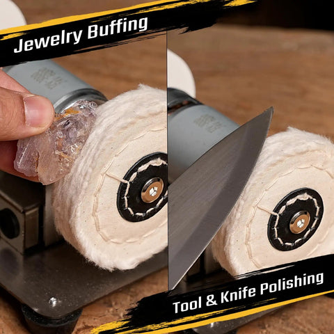 Close-up of Three-Wheel Mini Bench Grinder buffing jewelry and polishing a knife with cloth wheel.