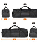 123 Liter 42 Inch Heavy Duty Extra Large Duffle Bag With Upgraded Zipper showing dimensions and different angles