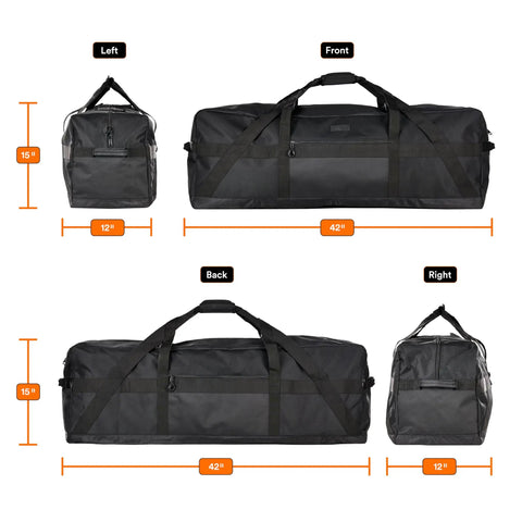 123 Liter 42 Inch Heavy Duty Extra Large Duffle Bag With Upgraded Zipper showing dimensions and different angles