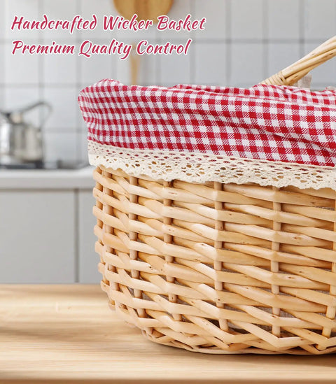 Close-up of a handcrafted wicker basket with a red gingham cloth and lace trim on a kitchen counter.