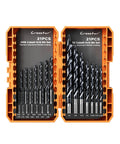 Cobalt Stepped Point Drill Bit Set 21 Pieces One Sixteenth To One Half Inch With TiAlN Coated Step Drill Heads M35 Cobalt Steel HSS Jobber Bits No Pre Drilling 3 Flat Shank With Indexed Storage Case Built For Precise Drilling In Hardened Steel in opened case displaying all sizes.