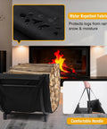 Curved Firewood Rack For Indoor And Outdoor Use, Heavy Duty Metal Log Holder With Detachable Haul Bag, Black, in front of a fireplace