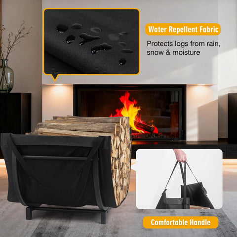 Curved Firewood Rack For Indoor And Outdoor Use, Heavy Duty Metal Log Holder With Detachable Haul Bag, Black, in front of a fireplace