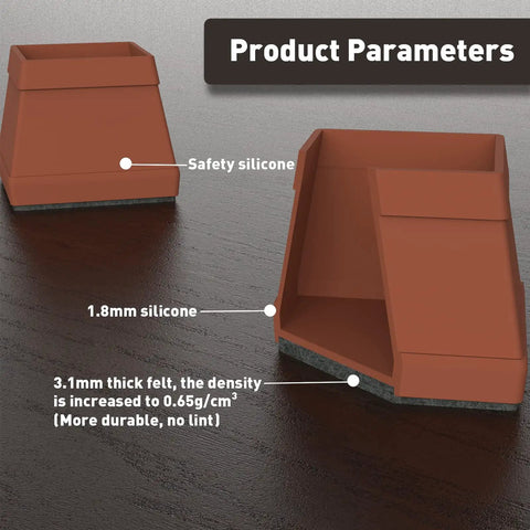 Close-up of 1.8mm silicone square chair leg protectors with 3.1mm felt for 16 Pack Square Silicone Chair Leg Floor Protectors With Felt Bottom, 1.5 Inch Black Size, Easy Glide Furniture Leg Caps For Hardwood And Tile Floors, Durable, Quiet, No Scratch, Non Slip.