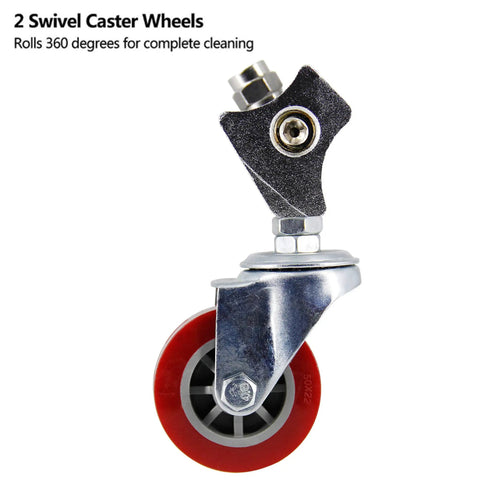 Close-up of swivel caster wheel part of Grime Busting 16 Inch Pressure Washer Undercarriage Cleaner With Extension Wand Bundle