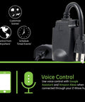 Outdoor Plug In Smart Switch With Z Wave Plus Gen5 Weatherproof Housing showing voice control features and plug design