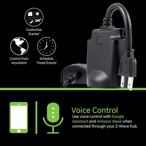 Outdoor Plug In Smart Switch With Z Wave Plus Gen5 Weatherproof Housing showing voice control features and plug design
