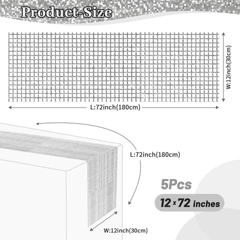 Diagram of Disco Table Runner Set Of 5 Glitter Silver Sequin Runners For Party Wedding Decor 12 X 72 Inches showing size and dimensions.