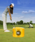 Golfer practicing with Golf Impact Bag for Swing Training, Durable Waterproof Hitting Bag, Power Smash Practice Aid on the range.