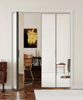Black Aluminum Bifold Mirror Door For 60x80 Opening, Preassembled With Hardware Kit, Indoor Bi Fold Barn Door For Bedroom And Closet, Explosion Proof Mirror, Durable Aluminum Frame installed in a room