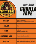 Gorilla Tape packaging details, highlighting use on rough surfaces, white color, UV resistance, 1.88" wide, available in 10yd and 30yd